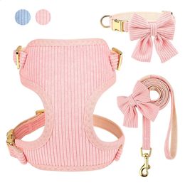 Dog Collars Leashes Pink Dog Collar Harness Leash Set Cute Dog Collar Leash WIth Bowtie Soft Harness Vest For Small Medium Dogs Outdoor Walking 231110