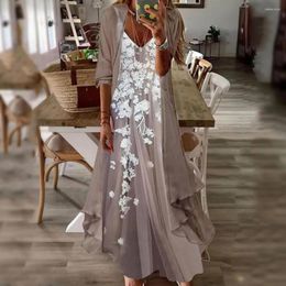 Casual Dresses 2Pcs/Set Dress Set Sling Design Cardigan Outfit V-Neck Large Hem Printed Lady Three Quarter Sleeve Summer