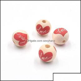 Wood Vue Material 16Mm Round Bead Red Love Heart Printing Valentines Day Wooden Loose Beads Diy Jewelry Aessory Drop Delivery Pvemz Dhuiy