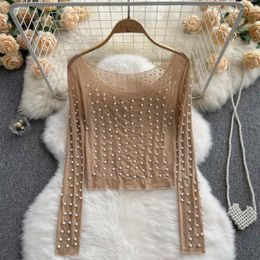 Women's T Shirts Korean Style All-Matched Beading Women T-Shirts Long Sleeved Hollow Out Chic Lace Tops 2023 Summer O-neck Female Tees