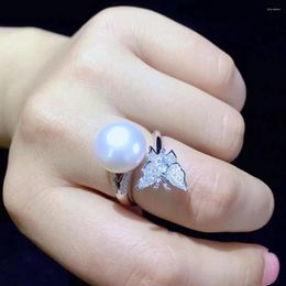 Cluster Rings Natural Fresh Water Pearl Ring 925 Sterling Silver With Cubic Zircon Butterfly Insect Adjustable Size Fine Women Jewellery