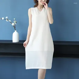 Casual Dresses 2023 Arrival Women Summer Linen Dress Sleeveless Knit Blouse V-Neck Hollow Solid Lady