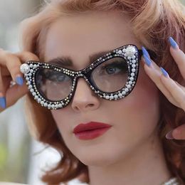 Sunglasses Frames 2024 Fashion Diamond Pearl Anti Blue Light Glasses Women Cat Eye Frame Eyeglasses Female