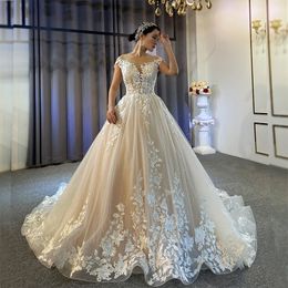 Vestidos de noiva elagant sheer mangas frisado sexy pescoço vestido de casamento para noiva embelezado laço bordado romântico princesa praia boho vestidos de casamento es