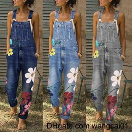 Women's Jumpsuits Rompers 2021 Women Boho Floral Denim Dungarees Jumpsuit Overalls Casual Jeans Rompers Pants Fashion Commuting Jumpsuit Pants 410&3