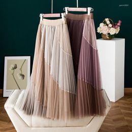 Skirts 2023 Tutu Tulle 2 Layers Women Color Block Mesh Elastic High Waist Maxi Long Charming Midi Skirt Pleated Princess Saia