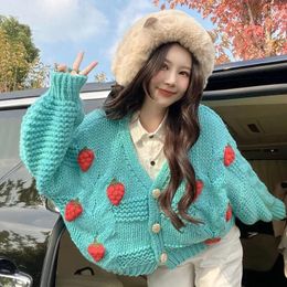 Women's Knits Cute Strawberry Women Cardigan Sweater Winter Loose Fashion V Neck Hand 3D Knit Ladies Jumper Casual Female Coat