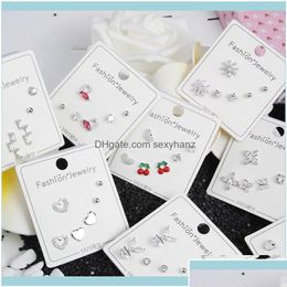 Charm Ohrringe Jewelry31 Styles 3 Paar/Set 925 Stamp Sier Zirkonia Herz Bowknot Ohrstecker Set für Frauen Mädchen Schmuck Dro Dhusa