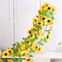 Decorative Flowers 225CM Artificial Ivy Vine Silk Sunflower Cane Plastic Flower Rattan Hanging Garland Fake Plants Home Fences Garden Decor