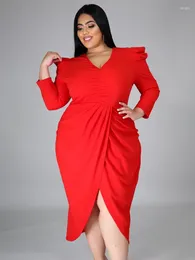 Plus Size Dresses V Neck For Women Puff Sleeves Folds High Waist Asymmetrical Simple Ladies Casual Club Evening Party Vestidos