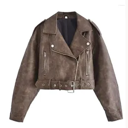 Women's Leather Faux Suede Bomber Motorcycle Jacket Vintage Brown Coat Chic Zipper Short Outfit Woman Streetwear Coats