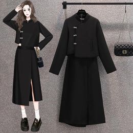 Work Dresses Women's Autumn Plus Chinese Short Suit Skirt Set Vintage Black Buckle Stand Collar Coat Two-Piece Sets Womens Outifit