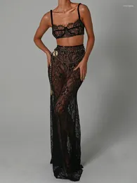 Work Dresses Mozision See Through Lace Two Piece Skirt Sets Women Crop Top And Maxi Elegant Party Beach Sexy Set