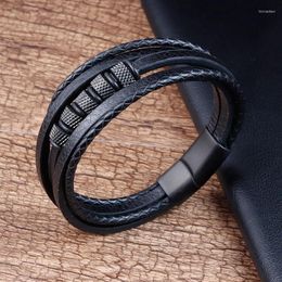 Charm Bracelets Punk High Quality Black Frosted Magnetic Buckle Jewellery For Men Multilayer Hand-Woven Leather Bracelet Gift