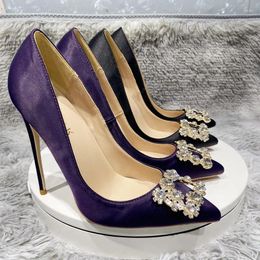 Dress Shoes 12cm Women's High Heels Nightclubs Shiny Diamond Square Buckle Black Satin Single Purple Silk Party