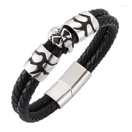 Charm Bracelets Punk Jewelry Men Black Double Leather Braided Bracelet Skeleton Stainless Steel Skull Magnetic Clasp Male Bangle SP0108