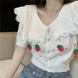 Women's Knits High Fashion Kawaii Crocheted Lapel Short Sleeve Hollow T-Shirt Strawberry Bead Thin Knit Top 2024 Summer Women Cardigan