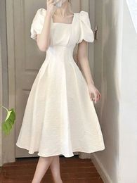 Casual Dresses Preppy Style Sweet Dress Women's Spring/Summer Korean Fashion Puff Sleeves Square Neckline A-line Solid Dress Vestidos De Mujer 230410