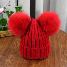 Beanie/Skull Caps Winter Kids natural Two Fur Pompoms Hat Children cute Knitted Girls Boys Warm Cap Knitted Warm Beanie Hats 231108