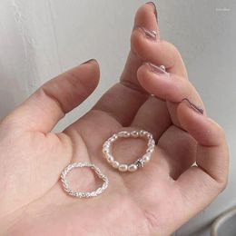 Cluster Rings 2pcs Korean Imitation Pearls Set For Women White Beaded Knuckle Ring Silver Plated Sparkling Aesthetic Kpop Jewelry