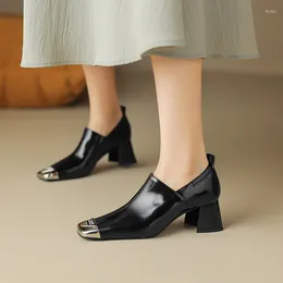 Dress Shoes Phoentin Classic Genuine Leather Deep Mouth Pumps Women Metal Square Toe Loafers Elegant Office High Heels Slip On FT2726