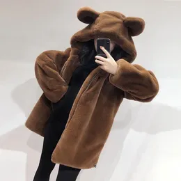 Women's Trench Coats Fashionable And Simple Bear Ears Three-dimensional Decoration Warm Artificial Fur Coat Plush Thickened Medium