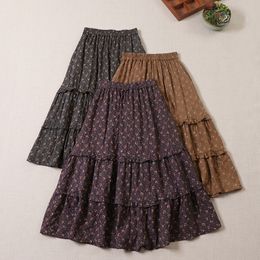 Skirts Japanese Style Sen Girls' Cotton Linen Leather Elastic Waist Lace Flower Print Loose Women's Leather 230410