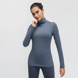 Yoga Outfits Long Sleeves Shirt Women High Collar Autumn Outdoor Sports Top For Workout Running Gym Wear Fitness Stretch Skinny Material