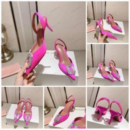 Luxury Designer Woman Sandals Italy Amina Muaddi Black Satin Begum Sling Heels Begum Crystal Brooch Slingback Pumps women Wine Cup Heels slippers Shoes 35--42 AAAOOO