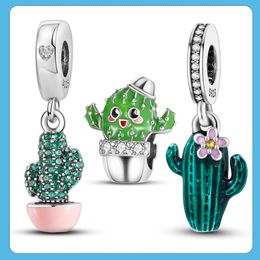 925 Sterling Silver Pandora Charm Green CZ Fairy Palm Suspension Pink Porcelain Master Beads Suitable for Ladies Bracelets Primitive Character Jewelry Gift