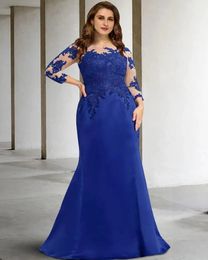 2024 Royal Blue Mermaid Mother of the Bride Dress Plus Size Elegant Jewel Floor Length Lace Appliques Satin Wedding Guest Formal Gowns