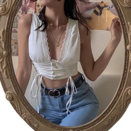 Women's Tanks Fashion French Style Romatic Slim Irregular Drawstring Vintage Sexy Deep V-neck Crop Top 2023 Summer Camis White Women