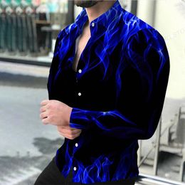 Men's Casual Shirts Long Sleeve Hawaiian Fire Men Fashion Shirt Blue Flame Beach Blouse Clothing Single Breasted Camisas Unisex