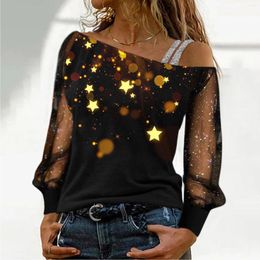 Women's Blouses Sequin Print Blouse For Women Plus Size Mesh Long Sleeve Cold Shoulder Loose Splice Tops Summer Blusas