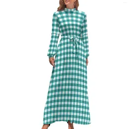 Casual Dresses Teal Gingham Dress Long-Sleeve Retro Plaid Kawaii Maxi High Waist Stylish Custom Beach Long Birthday Present