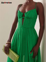 Hollow Out Maxi Dresses for Women New Fashion Sexy Summer Chic Elegant Solid Folds Spaghetti Strap Y k Dress