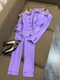 2023 Autumn Purple Solid Colour Two Piece Pants Sets Long Sleeve Notched-Lapel Double-Breasted Blazers Top With Vest Long Pants Set 3 Pieces Blazer Sets F3N02171539