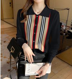 New Women's Blouse Shirts Long Sleeve knitted Vintage stripe Button Versatile Base Layer slim fit polos neck white black Casual shirts top clothing