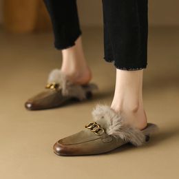 Slippers Luxury Metal Buckle Real Rabbit Hair Slippers Women Shoes Real Fur Square Heel Warm Mujer Slides Plus Big Size 34-41 231110