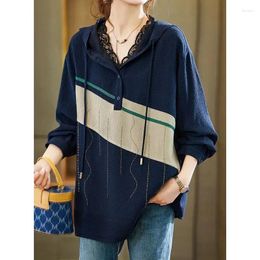 Women's Hoodies Korean Fashion Contrast Color Patchwork Hooded Tops Clothing Loose Casual Lady Long Sleeve Diamonds Pullovers X853