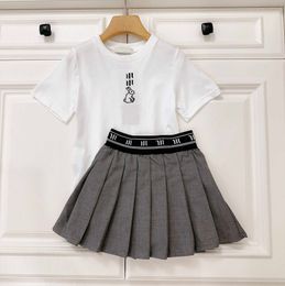 23ss skirt set kids designer clothes girls Round neck Pure cotton embroidery t-shirt Ribbon splicing Pleated suit High baby