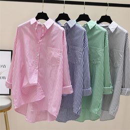 Women's Blouses Shirts Women's Shirt Spring/Summer Long Sleeve Striped Fashion Shirt Medium Long Front Short Back Long Casual Jacket Top 230410