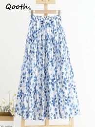 Skirts Qooth Spring Summer Women's High Waist Blue Print Dress Cotton Linen Casual Midi Dress QT1716 230410