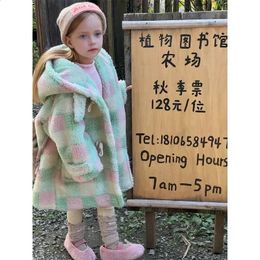 Down Coat 8079 Children 2023 Winter Korean Plaid Lambswool Baby Girl's Long Girl Horn Buckle Padded Jacket Outerwear 231109