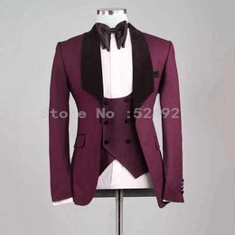 Men's Suits & Blazers Groomsmen Burgundy Groom Tuxedos Shawl Black Velvet Lapel Mens Wedding Man 3 Pieces ( Jacket Pants Vest Tie ) C835