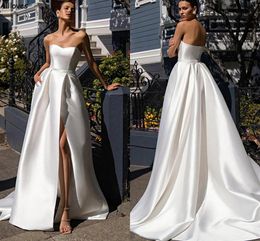 White Modern Simple Satin A Line Wedding Dresses For Bride Sweetheart Neck Empire Waist Fashion Bridal Gowns Sexy High Split Plus Size Reception Party Dress CL2143