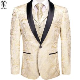 Mens Suits Blazers HiTie Beige Khaki Suit Vest Shawl Lapel Tuxedo Jacket Half Flat Collar Neck Tie Hanky Cufflinks Wedding Prom 231110