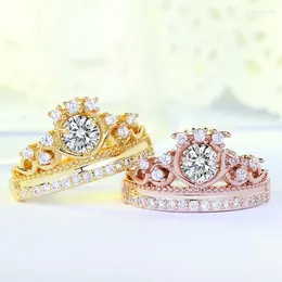 Cluster Rings Crown Wedding Rose Gold Ring For Women Micro-inlaid Simulation Zircon Jewellery Plating Birthday Engagement Love