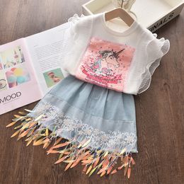 Clothing Sets Unicorn Lace TopSequin Denim Skirt 2PCS Princess Girls' Clothing Set Fashion Children's Summer Clothing Beautiful Baby Clothing 230410