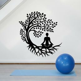 Wall Stickers Vinyl Wall Decal Tree Root Leaf Yoga Room Decoration Meditation Sticker Girl Yoga Posture Meditation Zen Relaxation Sticker 230410